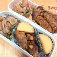 明日の息子と私のお弁当／ミートローフトマ照り味／豚バラと里芋炒め煮／豆苗とカニカマ炒め　カレーソース味／お芋さん|チョコさん