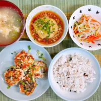 豆腐肉団子♡春雨サラダ♡じゃがいものそぼろあんかけ♡レタスと卵の中華スープ♡|まゆかさん