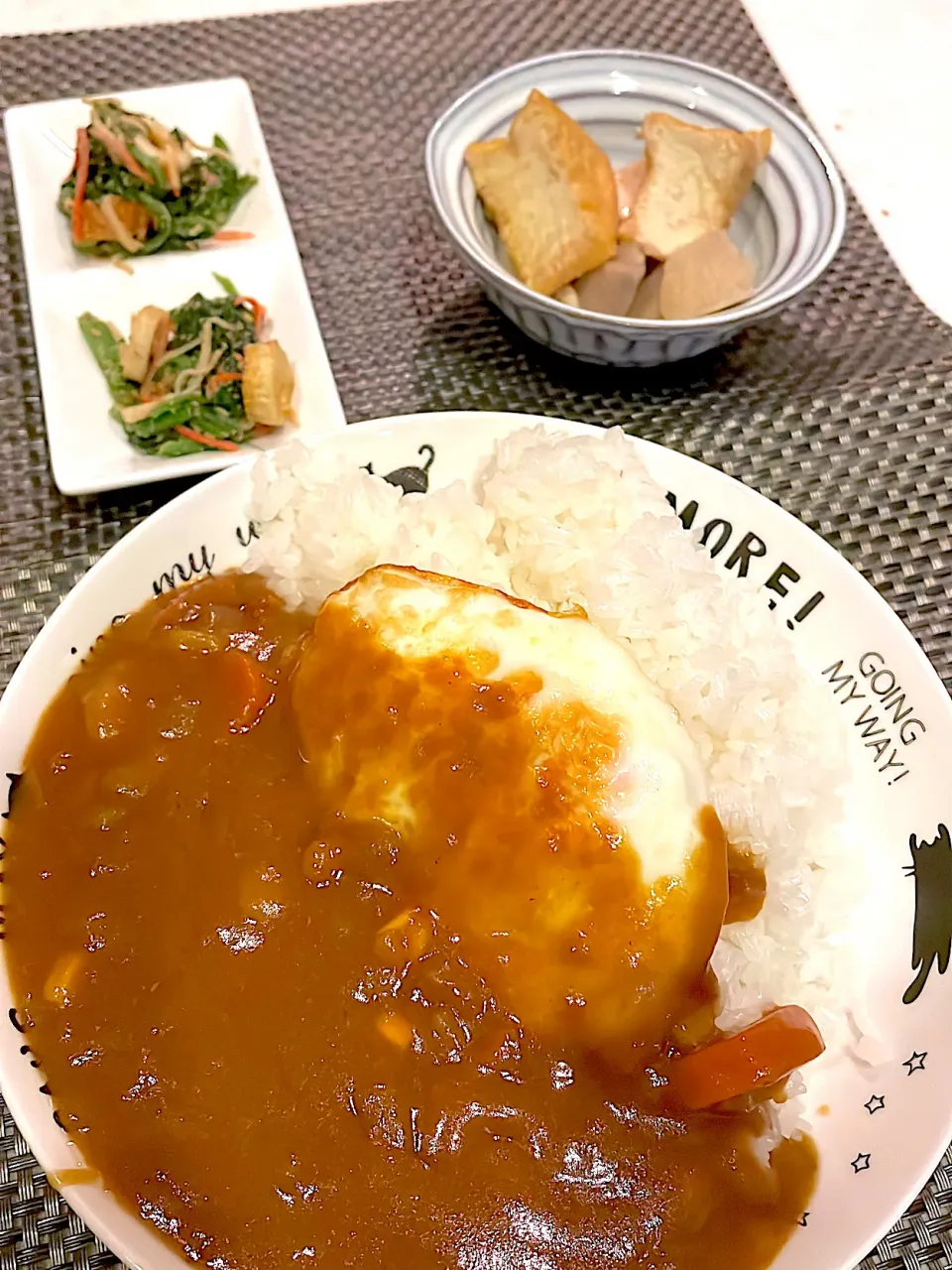 おっさんご飯　煮っ転がし　胡麻味噌和え　カレー|ひげおやじさん