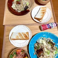 鯖アヒージョパスタ♡ひじきサンドイッチ♡焼き芋入り🍠サラダ♡ヨーグルトドリンク|さくたえさん