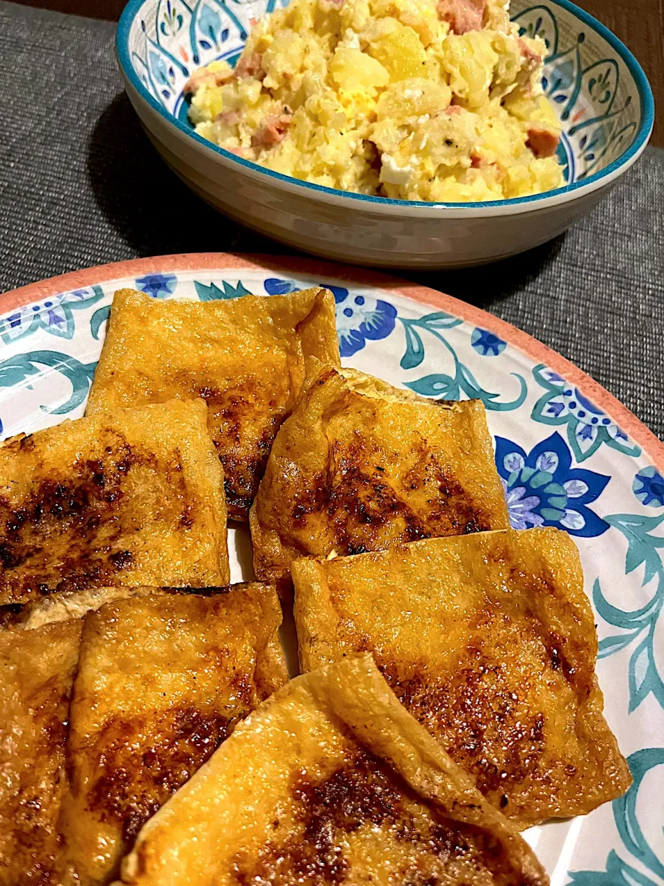 油揚げのネギ味噌焼きとポテサラ|きなこさん