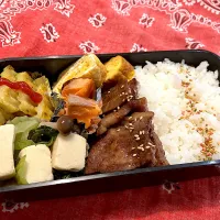 2024.11.26 息子弁当　◎焼肉　◎焼き鮭　◎高野豆腐と青梗菜の煮物　◎グリルじゃがいもカレー味|goroさん