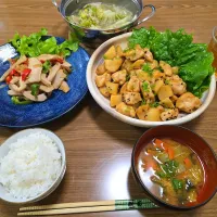 白菜と豚バラのミルフィーユ・ピーマンと豚トロ炒め・鶏むねとじゃがいもの甘味噌炒め・ご飯・味噌汁🌺|chiyukiさん