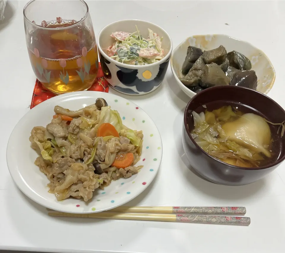 晩御飯☆野菜炒め☆サラダ（かいわれ・カニカマ）☆揚げなすの生姜入り煮浸し☆水餃子のスープ|Saharaさん