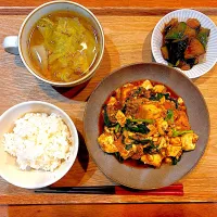 夜ご飯(厚揚げ麻婆豆腐、ナスとピーマンのみそいため、白菜ツナスープ)|cocomikaさん