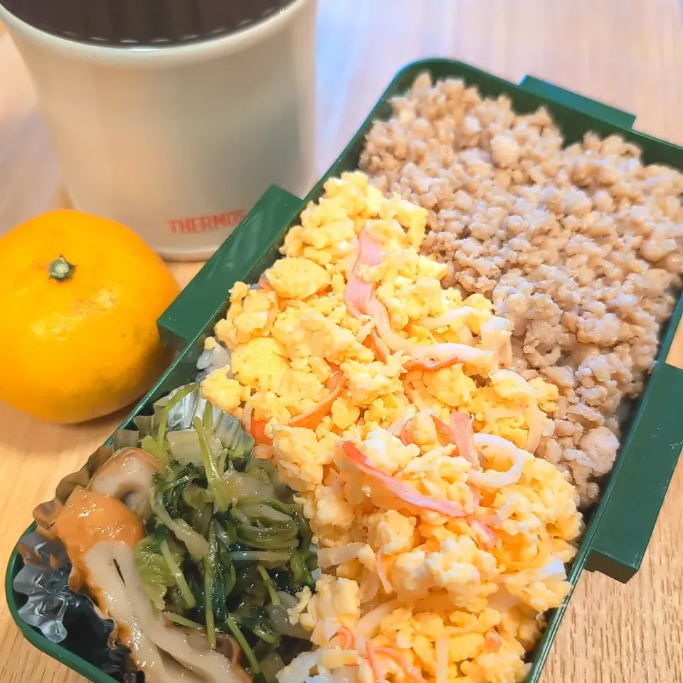 息子弁当／鶏そぼろ〜カニカマ入り卵／ちくわと豆苗と白菜のとろ旨煮／保温ジャーにはお野菜たっぷり豆乳シチュー|チョコさん