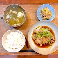 夜ご飯(レタスと豚肉のオイスターソース炒め、えのき卵、オクラたまごスープ)| cocomikaさん