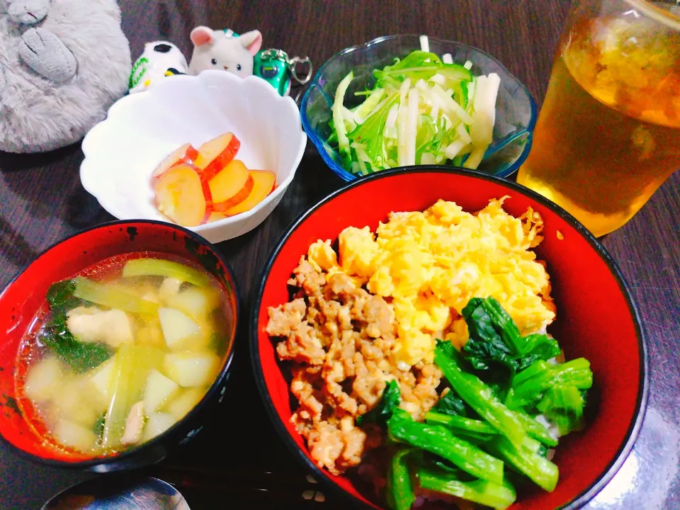 三色丼、鶏肉とじゃがいもと小松菜のコンソメスープ、ミックス野菜サラダ、さつまいもの甘煮|サトリさん