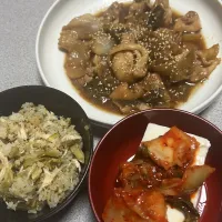 鶏肉とネギの煮込み、キムチと豆腐、炊き込みゴハン|メシ岡さん