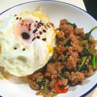 Stir fry spicy pork spinach fried egg steamed rice 😋🥰 dinner 💕|🌷lynnlicious🌷さん