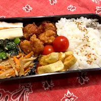 2024.11.29 息子弁当　◎唐揚げ　◎ポテトフライカレー味　◎小松菜胡麻和え　◎金平ごぼう　◎はんぺんバター醤油焼き|goroさん