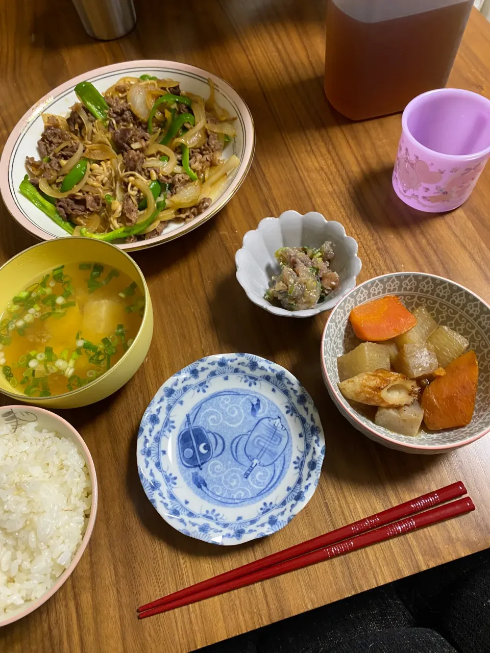 夜　牛肉とえのき炒め､大根煮､鯵なめろう|みちくんさん