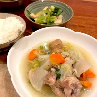 参鶏湯　高野豆腐と小松菜の炒め煮|とゆあさん