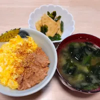 2024 1126　ツナそぼろ　九条ネギと油揚げの煮浸し　ほうれん草とわかめのお味噌汁|いもこ。さん