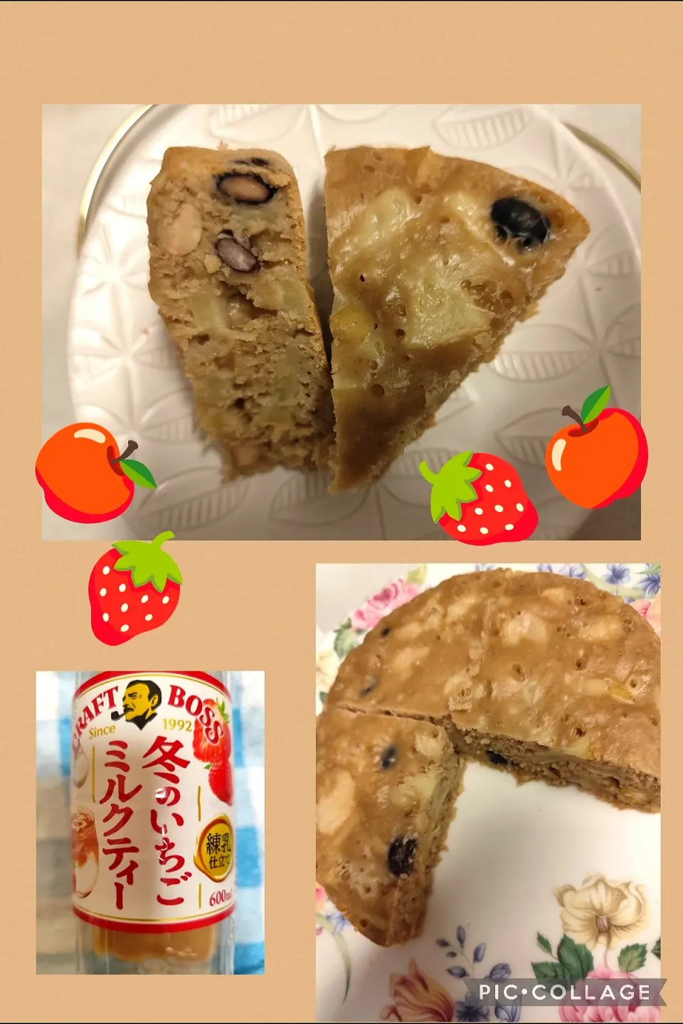 りんごとクラフトボス冬のいちごミルクティー、ミックスビーンズの炊飯器ケーキ(クイックオートミール、ベジオイル入り)|m.rafuさん