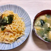 2024 1130　明太子まぜそうめん　ほうれん草とわかめ、油揚げのお味噌汁| いもこ。さん