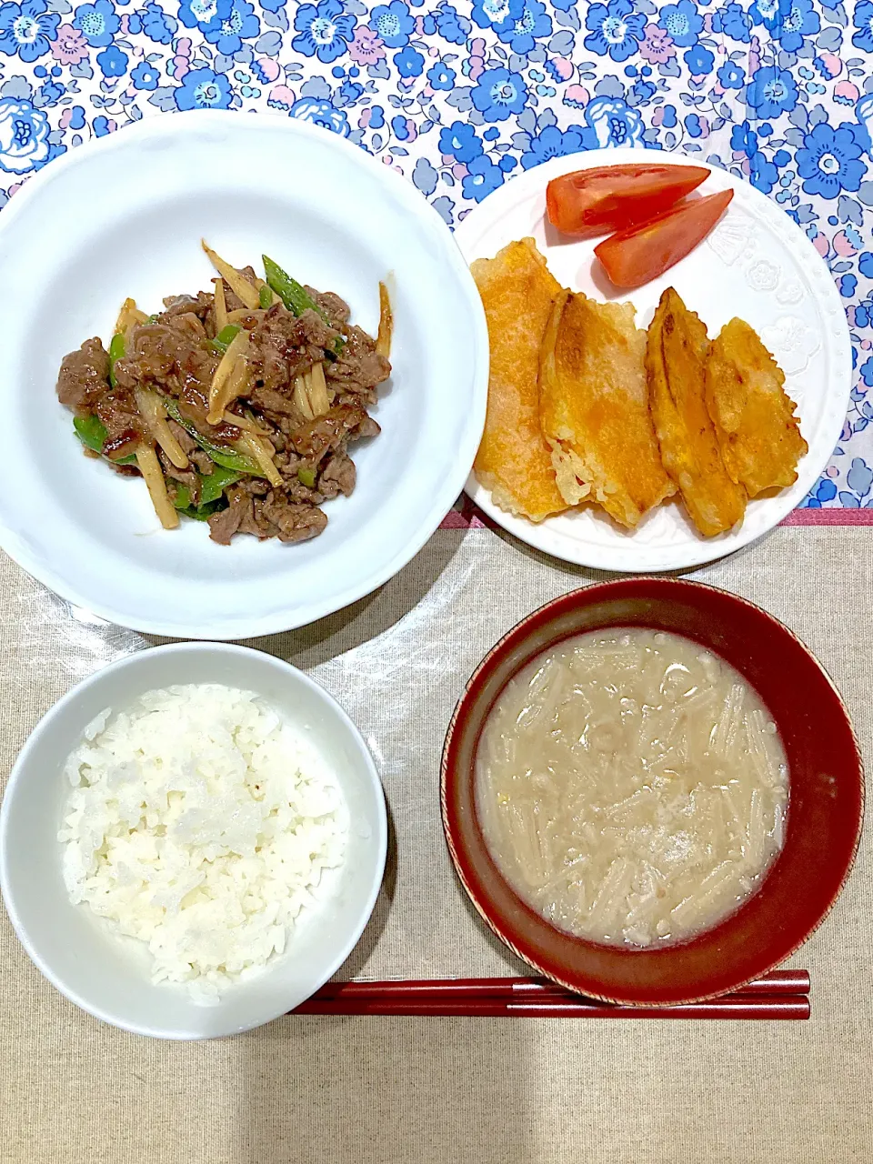 青椒肉絲とかぼちゃの天ぷら|おしゃべり献立さん