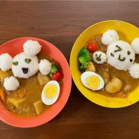 カレーのお夕飯🌛今夜も子どもたちがお顔付け🐻‍❄️|みーぬさん