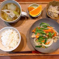 夜ご飯(シャケの味噌マヨ焼き、もやしのナムル、白菜と舞茸とツナのスープ、オレンジ🍊)