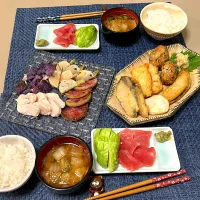 野菜グリルと鶏ハム、マグロ&アボカド　　　　さつま揚げ，お味噌汁| kekekeさん