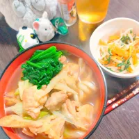 鶏ごぼうのおうどん、もやしとニラと人参のナムル|サトリさん