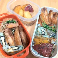 息子と私弁当／手羽中の甘辛揚げ煮／豆苗とボロニアソーセージの炒め物／あおさはんぺんチーズと海苔in／大学芋|チョコさん