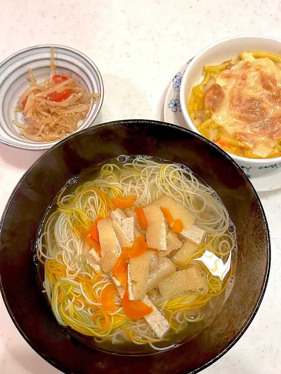 おっさんご飯　あったかいそうめん　グラタン　中華サラダ　和洋中|ひげおやじさん