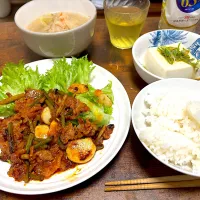 牛乳のにんにく炒め 野菜スープ 豆腐|まあくんさん