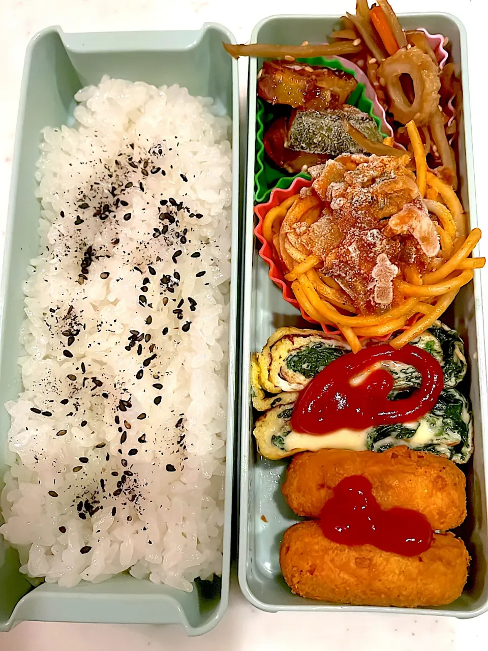 おっさん弁当　チンピラ　🍠🎃　スパゲッティ🍝　卵焼き　ナゲット|ひげおやじさん