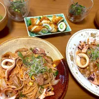 シーフードナポリタン🦑、白菜と菊芋のスープ、ちくわきゅうり、ところてん|さくたえさん