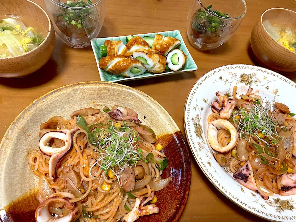 シーフードナポリタン🦑、白菜と菊芋のスープ、ちくわきゅうり、ところてん|さくたえさん