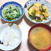 2024 1210 じゃがいもと鱈、いんげんの塩煮　ホタテ缶と水菜のサッと煮　豆腐とわかめのお味噌汁| いもこ。さん