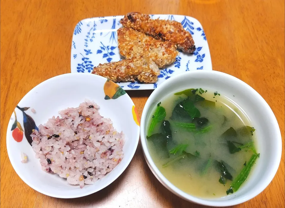 2024 0613　鮭のごま竜田揚げ　ほうれん草とわかめのお味噌汁|いもこ。さん