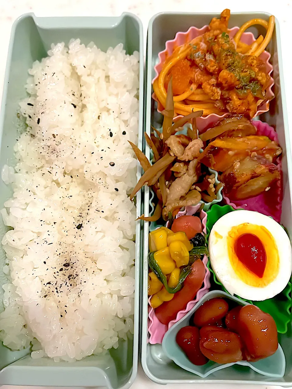 おっさん弁当　パスタ　🎃🍠　チンピラ　ほうれん草バターソテー　板東英二　🫘|ひげおやじさん