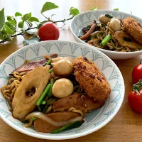 ＊変わり具材焼きそば＆コロッケ＆トマト🍅＊|＊抹茶＊さん