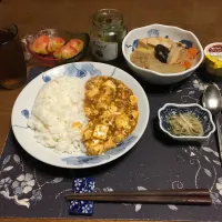 麻婆豆腐ライス、ごった煮、簡単なます、トマト、胡麻高菜漬け、烏龍茶、プリン(夕飯)|enarinさん