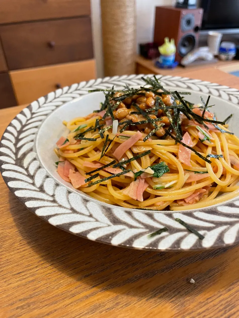 めんつゆバター納豆パスタ|いがをさん