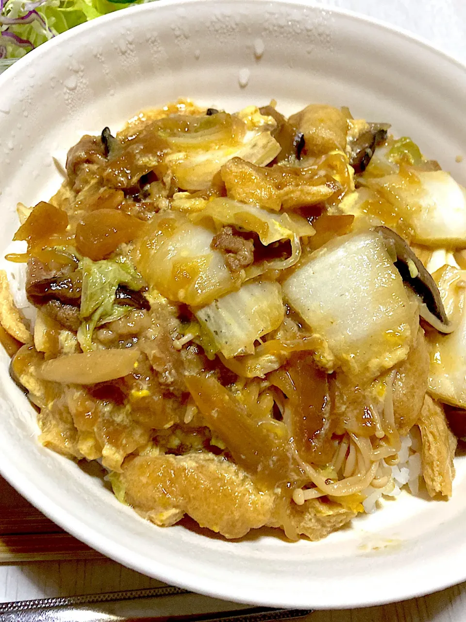 ミニカツ、白菜のすき焼き風丼、サラダ|Ayaさん