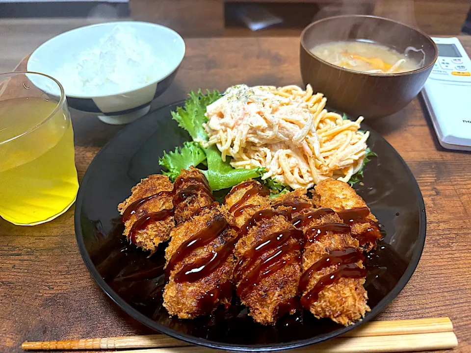 カキフライと明太子サラダパスタ定食|まあくんさん