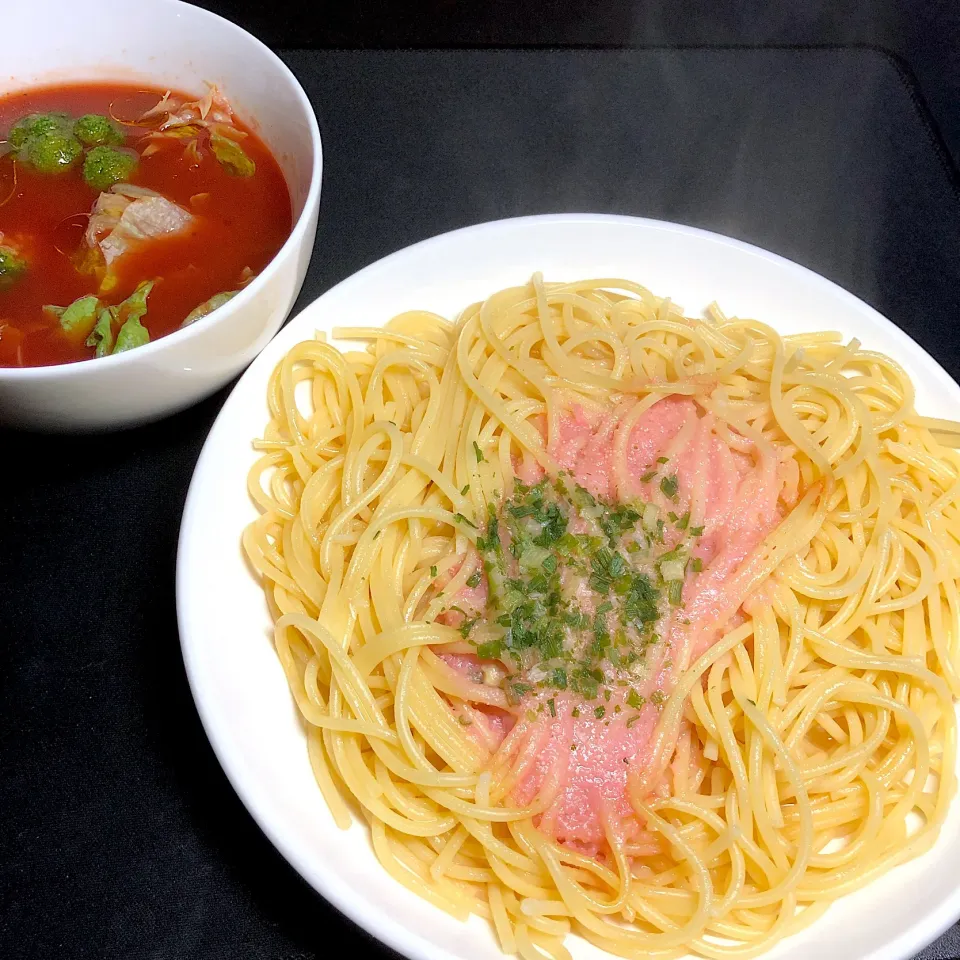 19:18 たらこパスタとトマトスープ🍝|へれ子さん