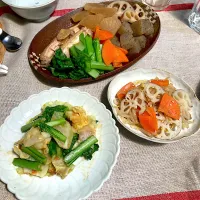 手羽先と根菜の煮物　キャベツと小松菜味噌和え　れんこんともやしの和物|CHIZUさん