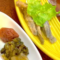 香の物は広島菜漬けと梅干し 箸休めはキビナゴの南蛮漬け|🐈⸒⸒⸒⸒つるのダンス🐈🐾さん