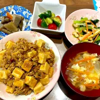 麻婆豆腐丼　玉ねぎと人参のスープ　小松菜と根菜の炒め煮　きゅうりとミニトマトの和風レモン和え　高野豆腐の煮物|おさむん17さん