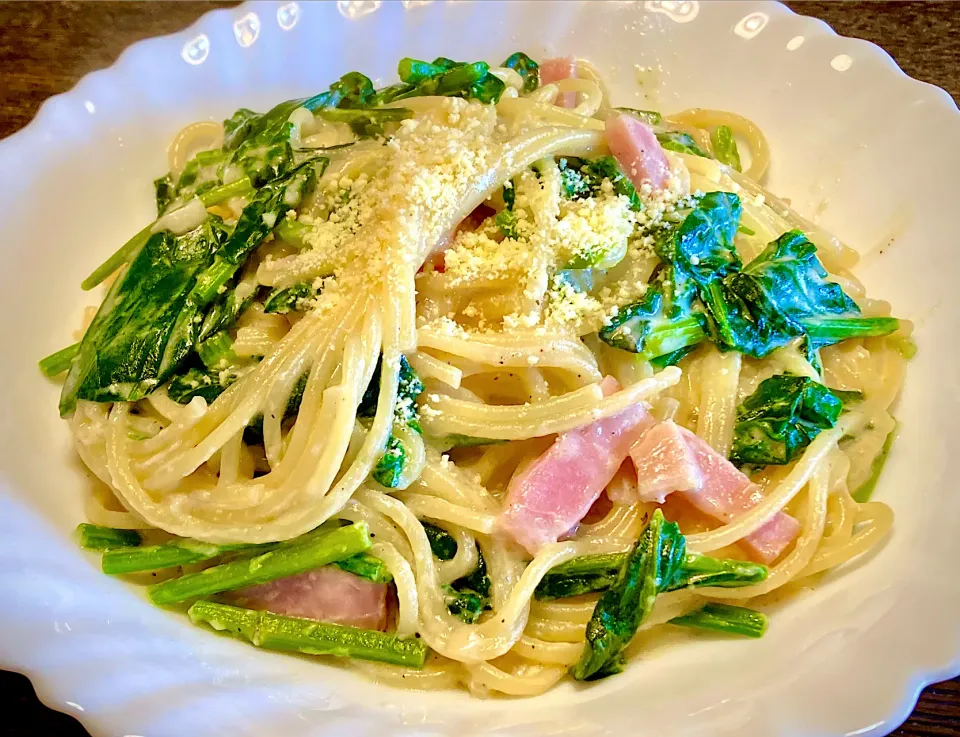 麺好きランチ                                             ほうれん草&ベーコンのクリーム調スパ|mottomoさん