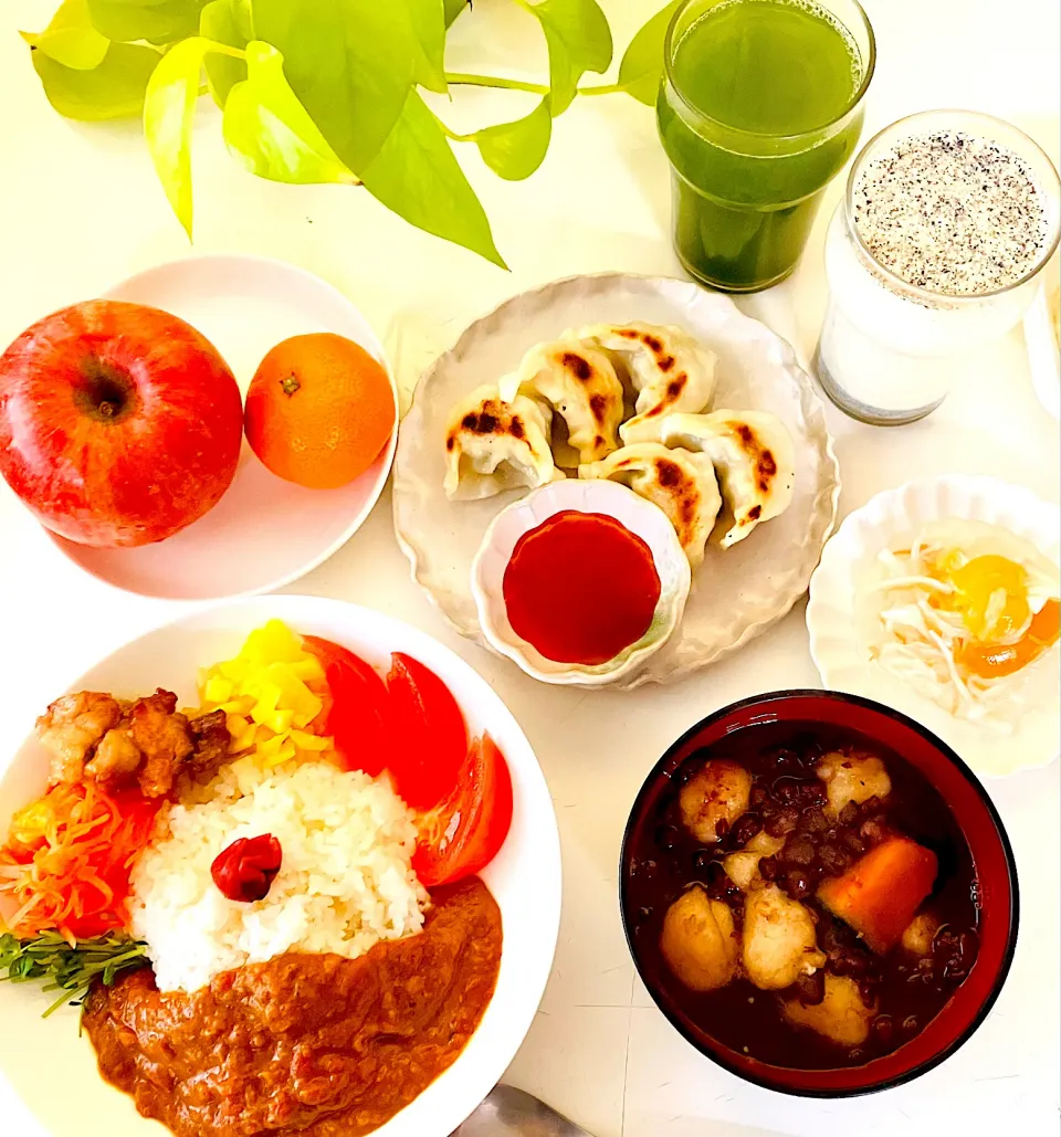 今日の最強パワフル朝ごはんです^ - ^スパイスカレー🍛豆腐白玉団子汁粉、餃子🥟チリソースでいただきました🙏|HAMI69さん