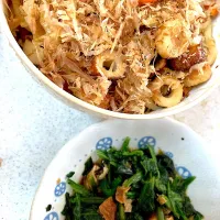 味噌焼きうどん、ほうれん草のお浸し|まみみさん