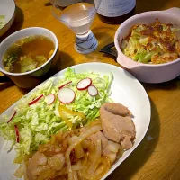 しょうが焼きと、カリフローレとしめじの味噌チーズ焼きと、卵スープ|もえさん