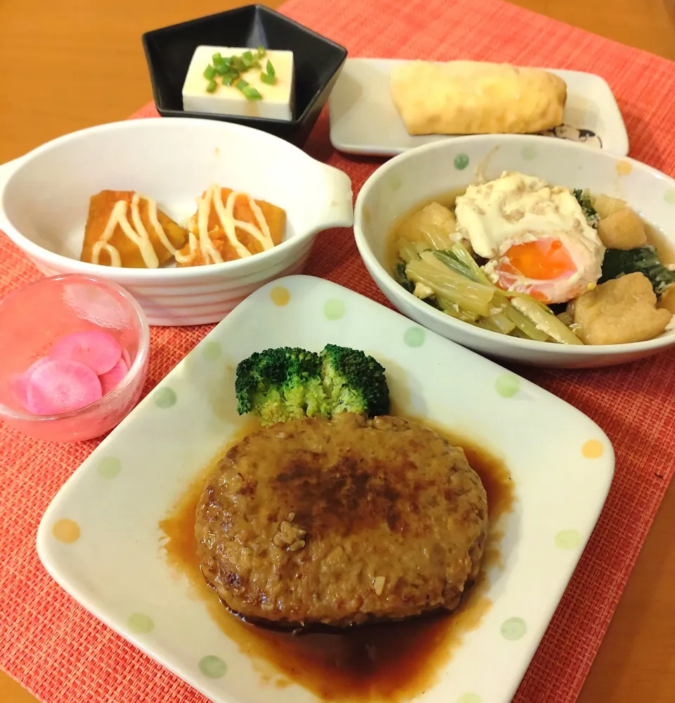 ☆照り焼きハンバーグ　☆しろなとあげ　卵の煮物　☆かぼちゃマヨ焼き　☆プチ冷奴　☆赤大根甘酢|chikakoさん