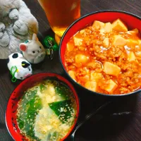 麻婆豆腐丼、ワカメと卵のスープ|サトリさん