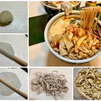 今年の蕎麦粉を頂いたので、味見がてら少〜しだけ打って、細から幅広まで乱切りで楽しみました。こねてる時の香りがいいですね。
ベースは木曽御嶽山の乱れ蕎麦で、山菜、大和芋、お揚げさんで。
出汁は、日高昆布と鰹の削り節と粉から。。。|Takeshi  Nagakiさん